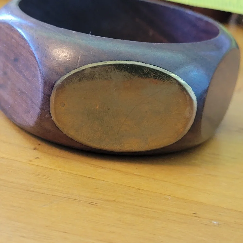 Vintage Chunky Wood Brass Inlay Bangle Bracelet Wide Modernist 50g